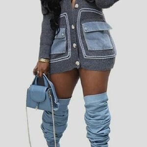 Molisry Women Cardigan Sweater Long Sleeve Denim Patchwork Button Open Front